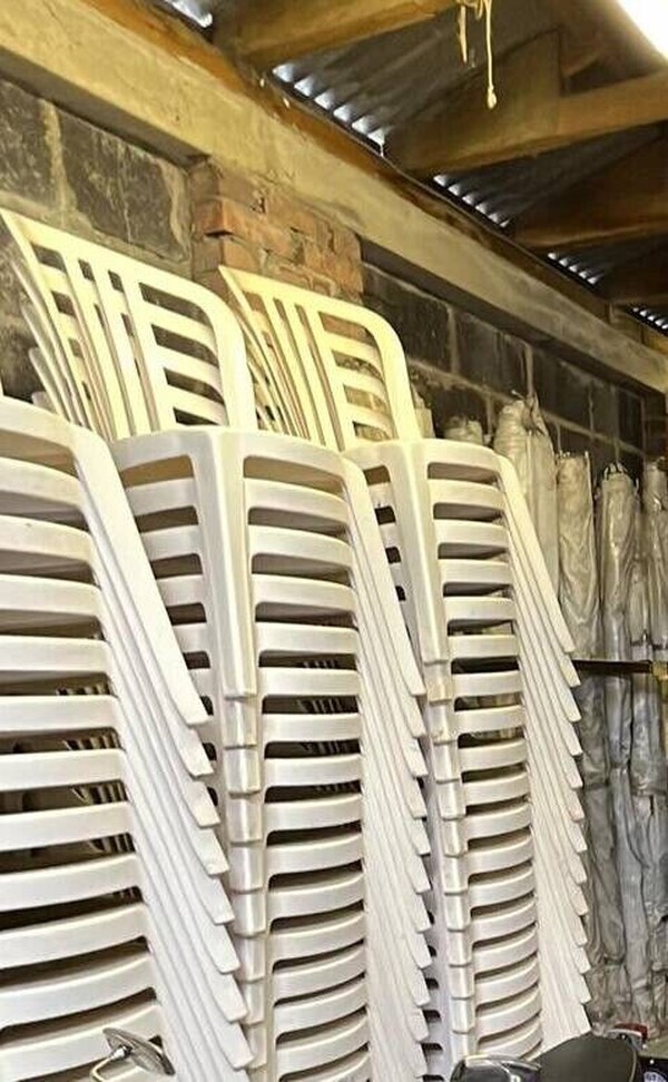 White plastic bistro chairs