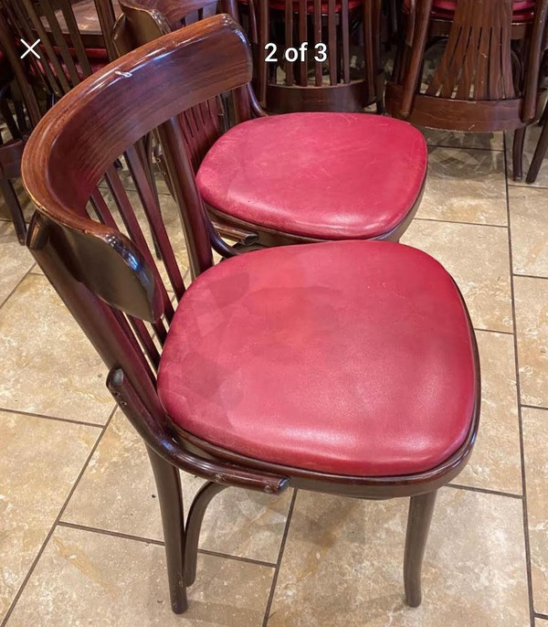 60 dark wood chairs with curved back and red seat