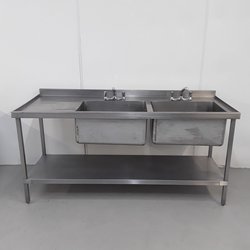 Used Stainless Double Bowl Sink with Left Drainer	(18174)