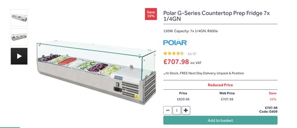 Secondhand Used Polar G-Series Countertop Prep Fridge 7x 1/4GN For Sale