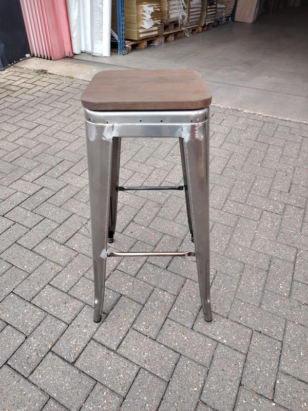 Tolix Wood and Silver Metal Stools