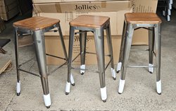Tolix Style Gunmetal Grey Bar Stools with Wood Seats
