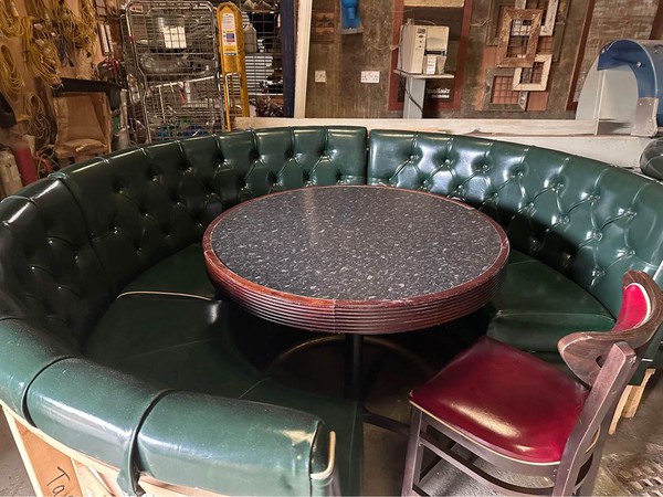 Secondhand Booth Seating With Pedestal Table Chair And Brass Foot Rail For Sale