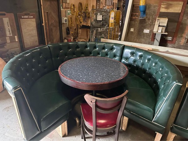 Secondhand Used Booth Seating With Pedestal Table Chair And Brass Foot Rail For Sale