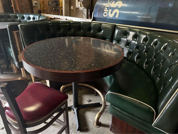 Used Booth Seating With Pedestal Table Chair And Brass Foot Rail