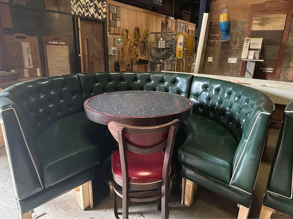 Used Booth Seating With Pedestal Table Chair And Brass Foot Rail For Sale