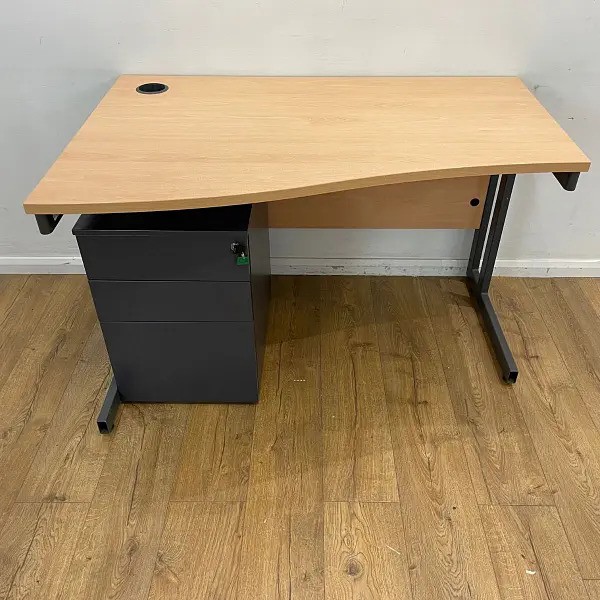 Secondhand 84x Beech Slimline 1200mm Wave Desk & Pedestal For Sale