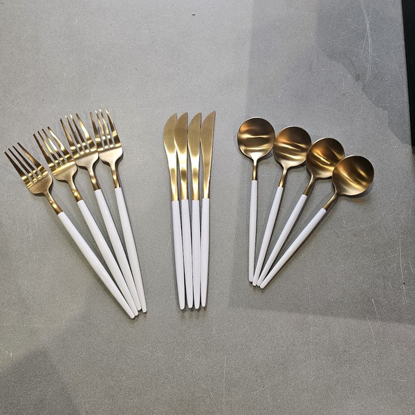 White and Gold Premium Stainless Steel Cutlery - Knives, Forks, Spoons