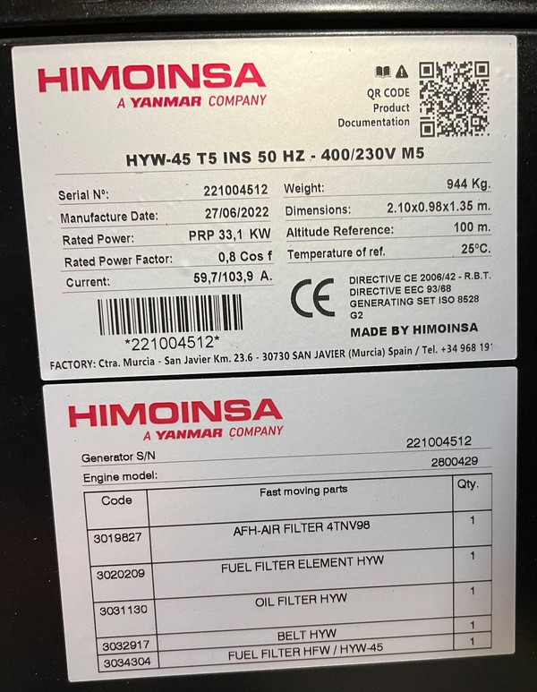 Used Himinosa HYW 45 Generator