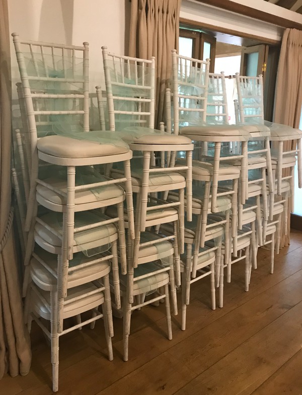 97x White Chiavari Chairs, Seat Pads, Covers