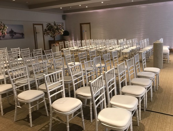 97x White Chiavari Chairs, Seat Pads, Covers For Sale