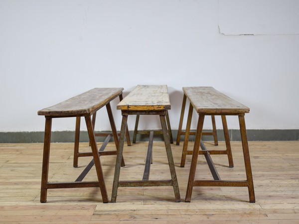 Secondhand Vintage Metal Frame Wood Top Benches For Sale