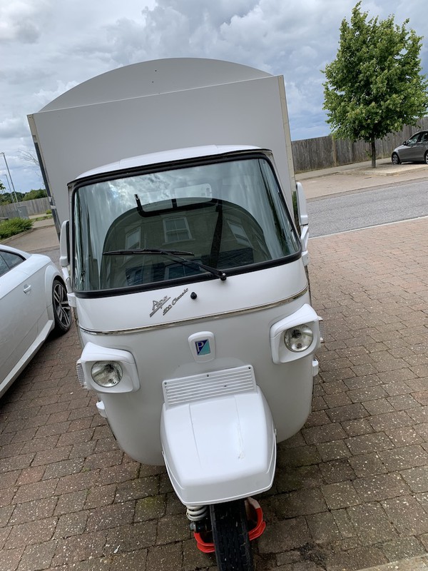 White Piaggio Ape conversion