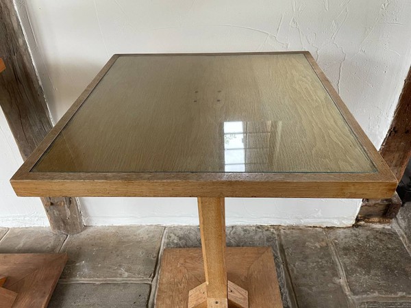 Oak poseur table with glass top