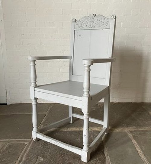 Secondhand Oak Carver Chair Painted In Light Grey For Sale Secondhand Oak Carver Chair Painted In Light Grey For Sale