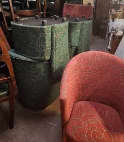 Tub Chairs Upholstered in a Red and Green Patterned Gold Brocade Fabric