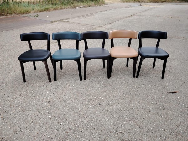 Secondhand Restaurant Chairs in Various Faux Leather Dark Wood Legs For Sale