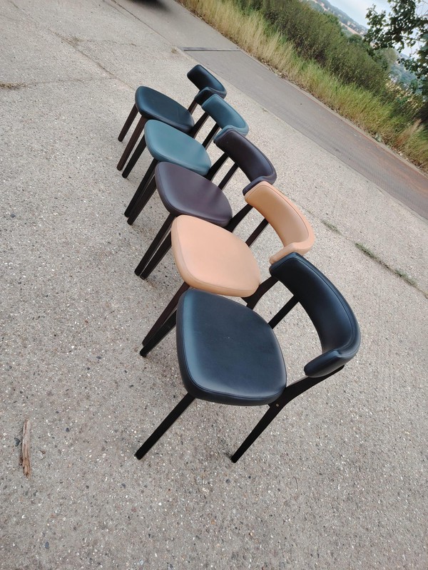 Secondhand Restaurant Chairs in Various Faux Leather Dark Wood Legs For Sale