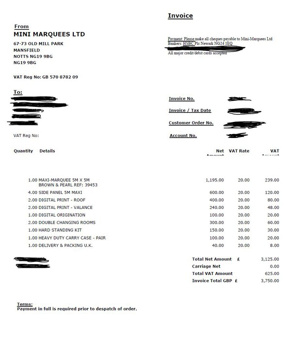 Mini marquees invoice