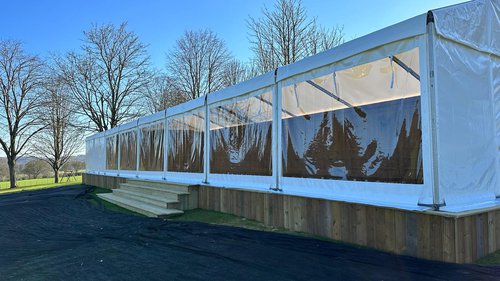 Secondhand Hoecker Party Frame 6m x 24m Marquee with Sub Frame Solid Floor and New Canvas For Sale Secondhand Hoecker Party Frame 6m x 24m Marquee with Sub Frame Solid Floor and New Canvas For Sale