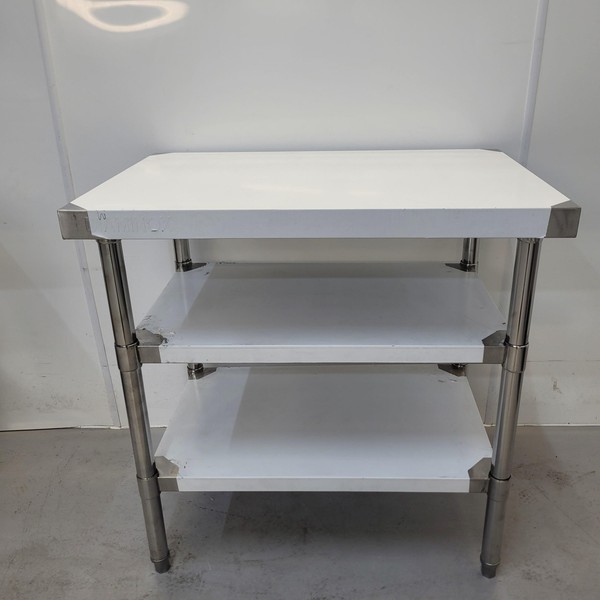 New B Grade Diaminox Stainless Table with 2 Shelves 90cm Wide For Sale