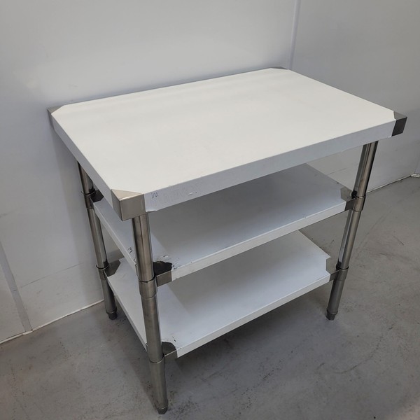 New B Grade Diaminox Stainless Table with 2 Shelves 90cm Wide For Sale