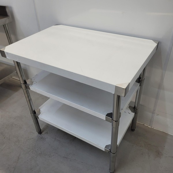 New B Grade Diaminox Stainless Table with 2 Shelves 90cm Wide For Sale