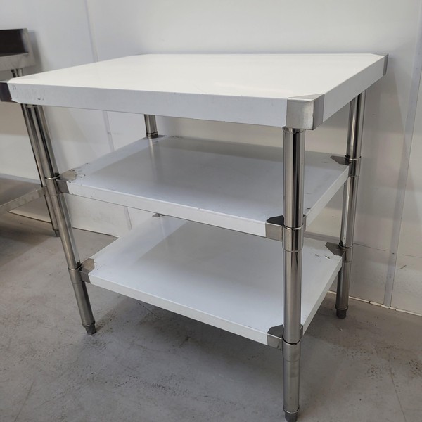 New B Grade Diaminox Stainless Table with 2 Shelves 90cm Wide For Sale