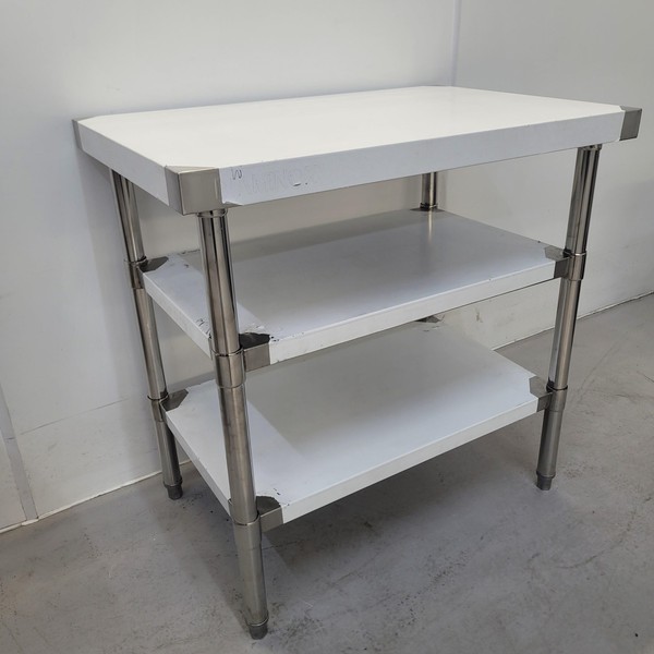 New B Grade Diaminox Stainless Table with 2 Shelves 90cm Wide For Sale