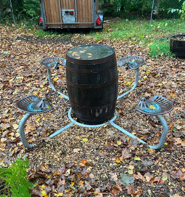 Secondhand 4x Tractor Seats And Barrel Table Set For Sale