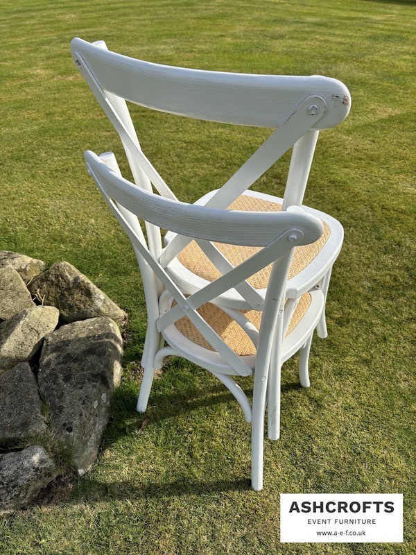 White Cross Back Chairs with Rattan Seats