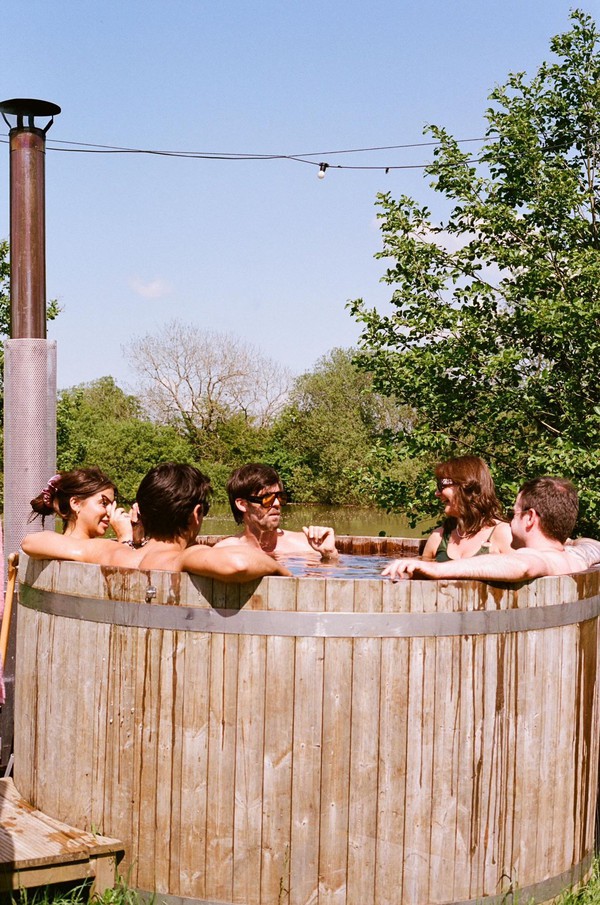 Wood fired hot tub with friends