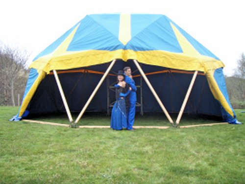 Bright yellow and blue Geodesic dome marquee Bright yellow and blue Geodesic dome marquee