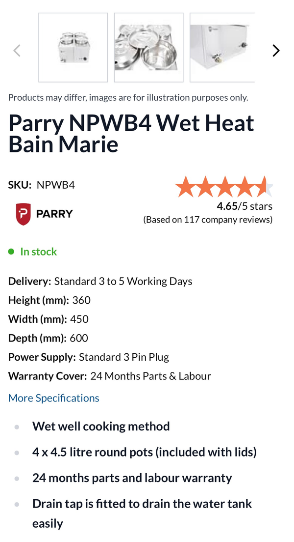 Used Parry NPWB4 Wet Heats Bain Marie For Sale