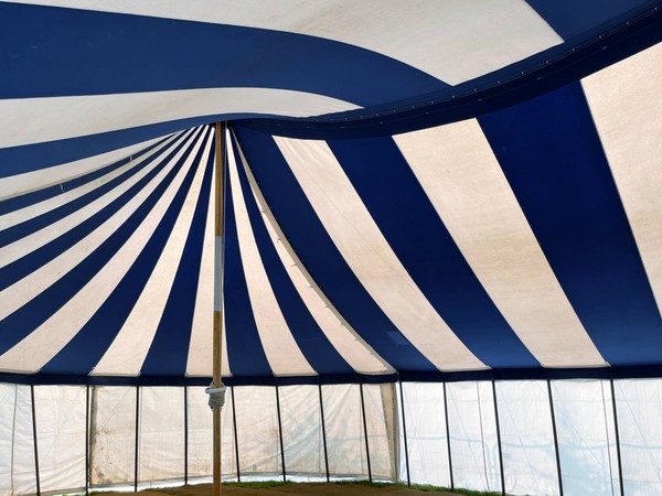 Blue and white tensile marquee roof