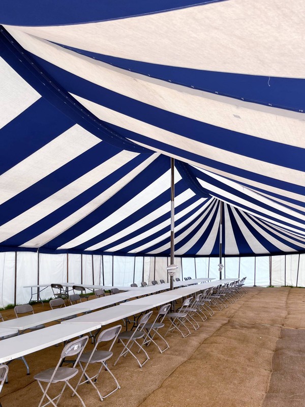 Blue and white canvas marquee for sale