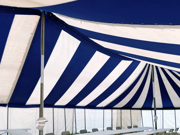 Canvas marquee blue and white roof