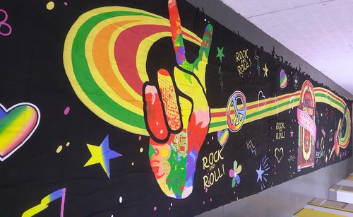 Secondhand Giant 18m by 3m Retro Music Themed Backdrop For Sale Secondhand Giant 18m by 3m Retro Music Themed Backdrop For Sale