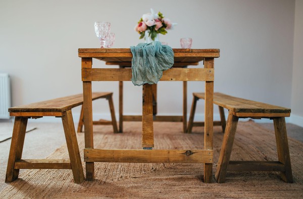 Secondhand 14x Handmade Rustic Trestle Table, Bench Sets For Sale