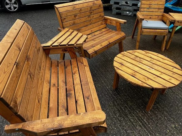 Solid wooden outdoor benches and table set