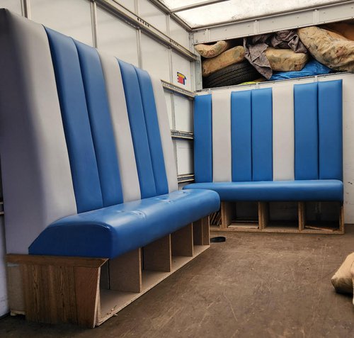 blue / grey  bench seating blue / grey  bench seating