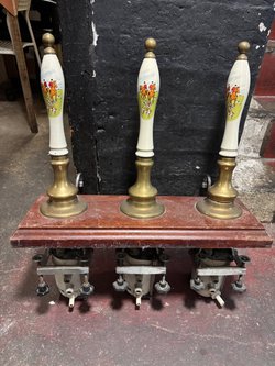 Secondhand Triple Vintage Hand Pull Beer Engines with Ceramic Handles For Sale