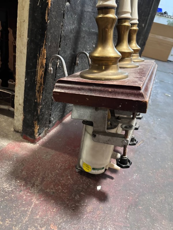 Secondhand Triple Vintage Hand Pull Beer Engines with Ceramic Handles For Sale