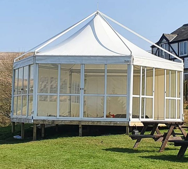 Pagoda marquee 8m x 6m with glass windows / doors