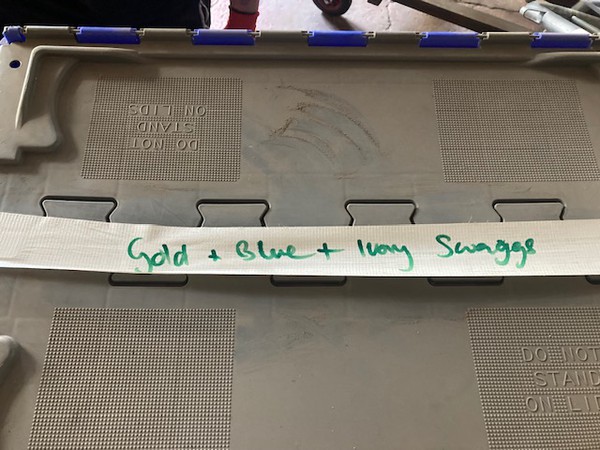 Box of Gold, blue and Ivory swaggs