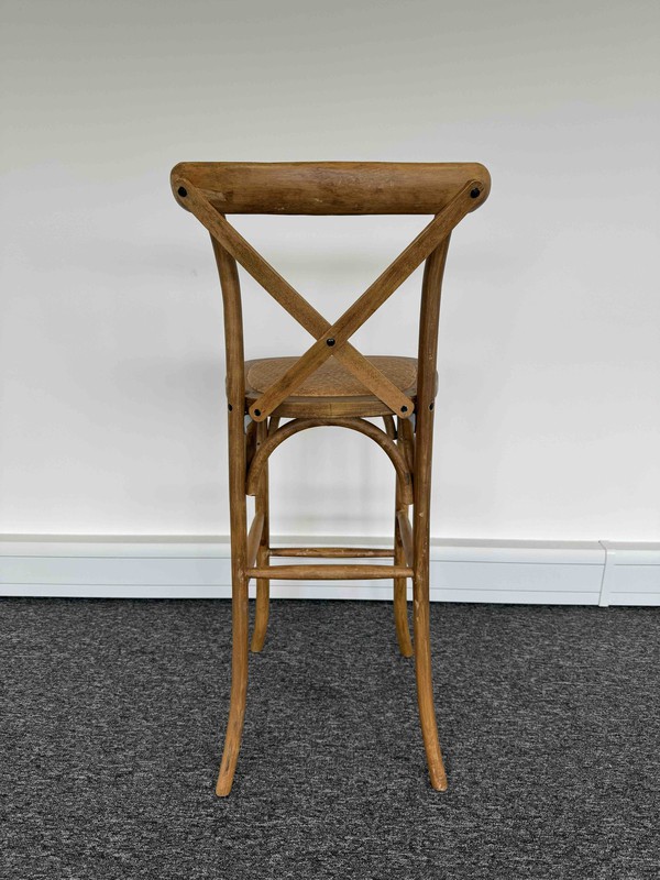 Rustic Cross Back Bar Stools.  Oak Stain Finish and rattan seat top.