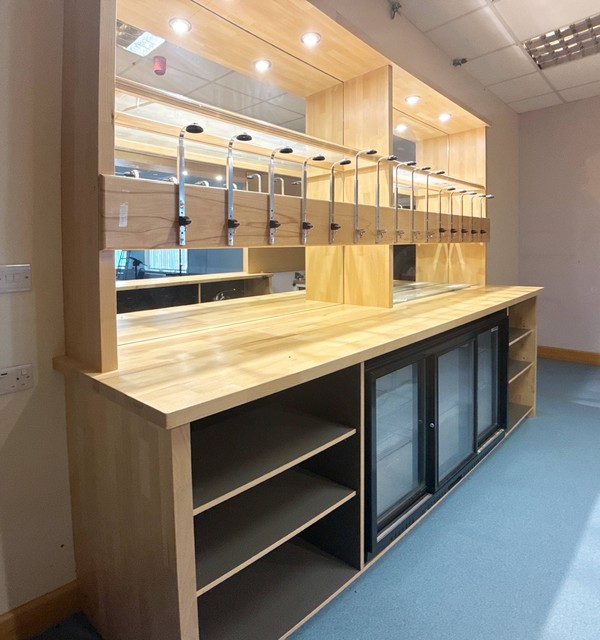 Wooden back bar with fridge for sale