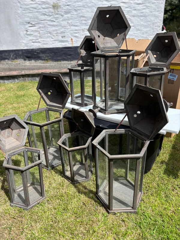 7x Wood And Glass Lanterns