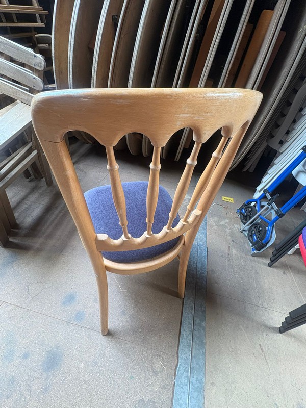 Used Natural Cheltenham Chairs with Blue Seat Pads.